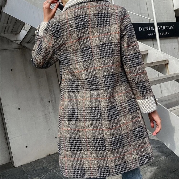 Tweed plaid trench peacoat houndstooth vintage tan - Picture 6 of 14